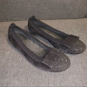 Stuart Weitzman black slip on ballet flats, jewels, bow, size 8.5